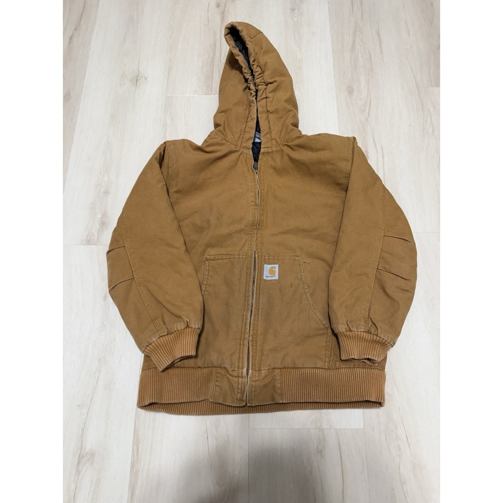Carhartt Canvas Full Zip Jacket Hooded Quilt Lined Brown Youth Size Large 14-16